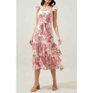 Sugar + Lips Floral Belted Tie Waist Tiered Ruffle Hem Midi Dress Pink Medium
